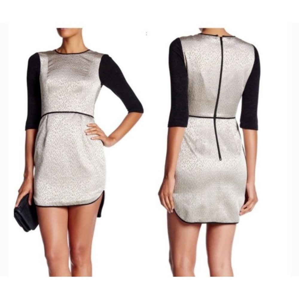 Black Halo Savona Dress 10 Gold Black 3/4 Long Sleeve Stretch Metallic $375